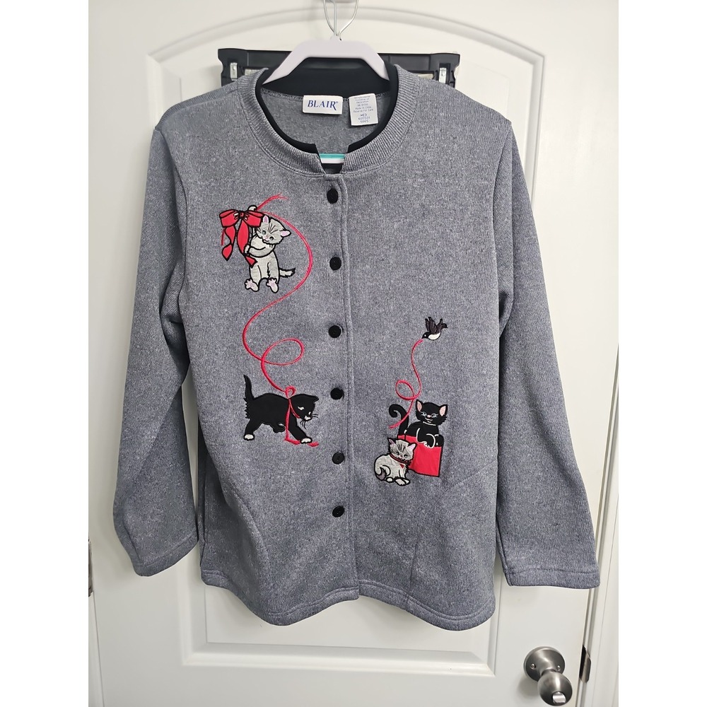 Blair Large Sweater Grey With Kittens Button Down 100% Polyester Sz Medium